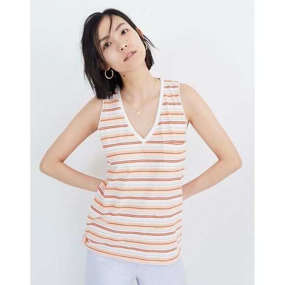 Madewell Women’s Whisper Cotton V-Neck Stripe Pocket Tank Size Medium - Picture 1 of 4